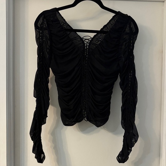 Marciano Tops - Marciano Black Sheer Ruched Lace-Back Long Sleeve Top